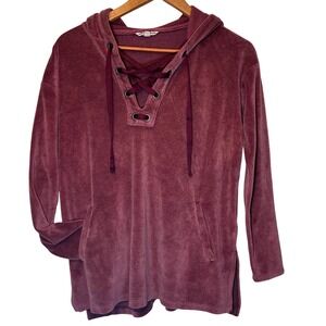 American Eagle Outfitters Red Velour Feel Hoodie Lace Front with Pockets Size Sm